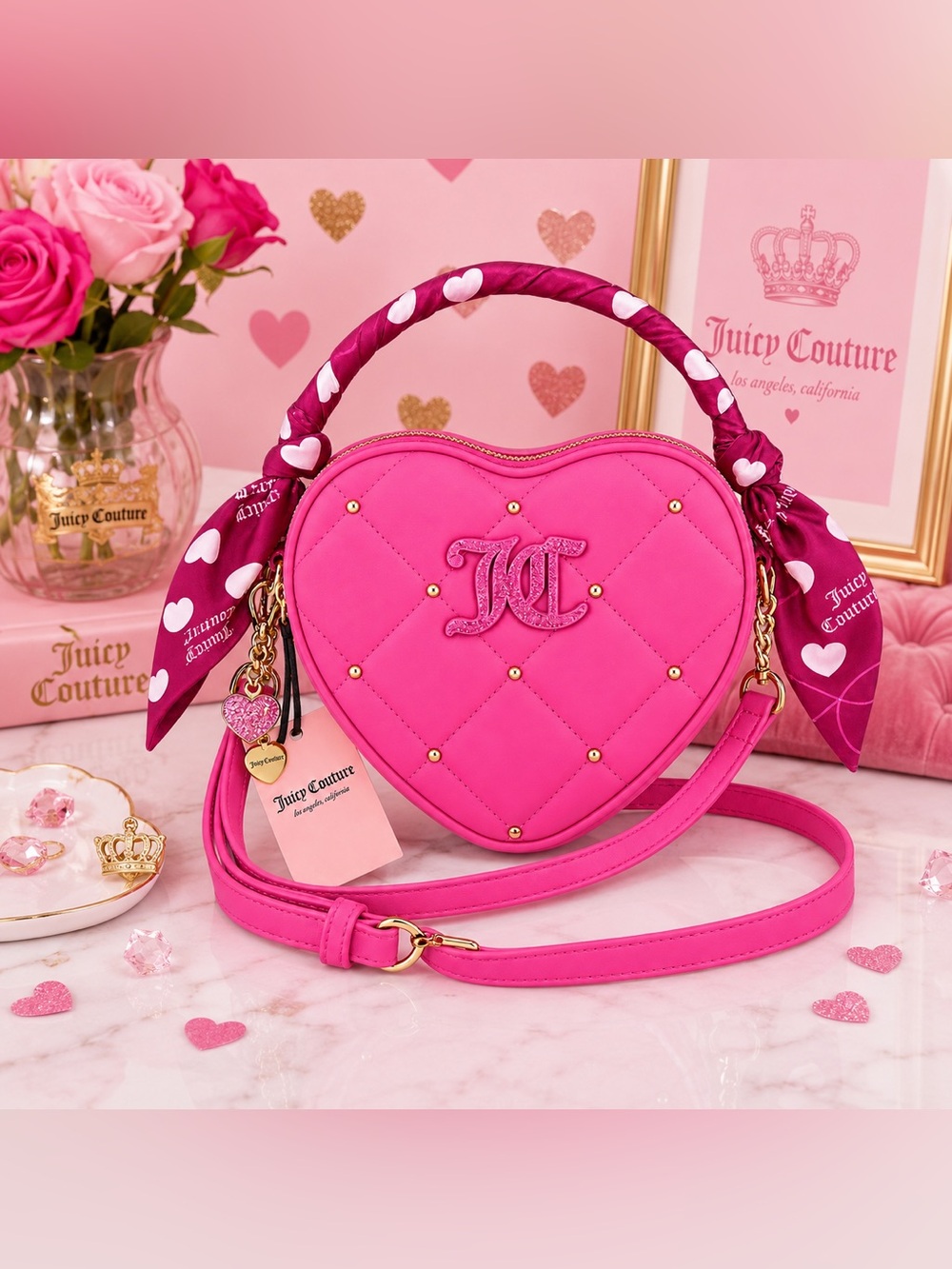Juicy Couture Pink Quilted Heart Crossbody with Scarf-Wrapped Handle